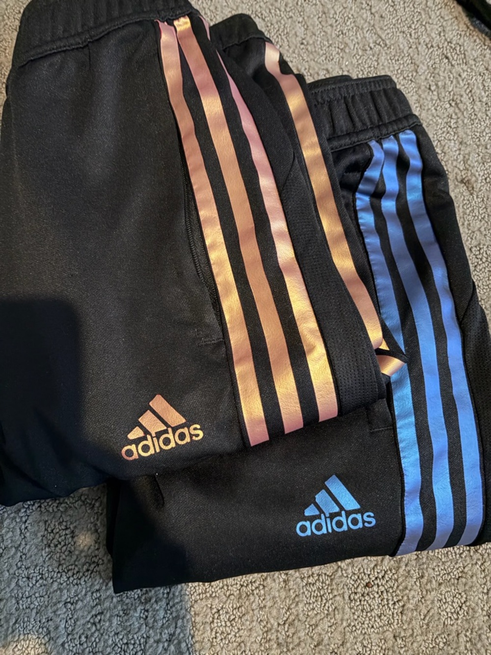 adidas Kids Black Sweatpants with Rose-Gold and Blue Stripes